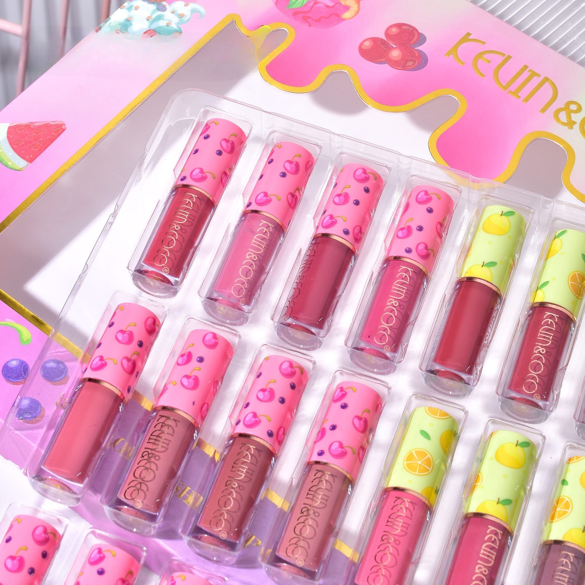 Set de Buze, KEVIN & COCO, 36 Lip Gloss-uri, Model Capac cu Fructe, 32.3 x 24.3 x 2.4 cm, Multicolor-2