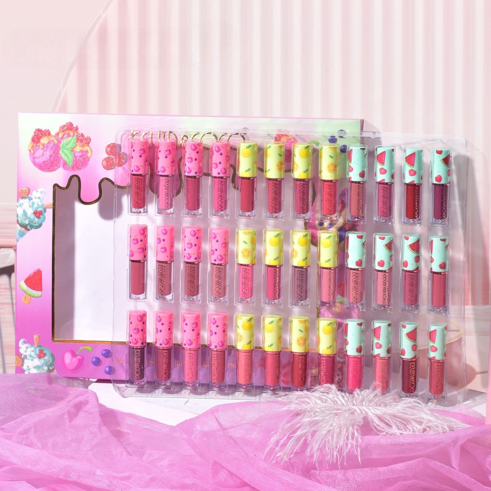 Set de Buze, KEVIN & COCO, 36 Lip Gloss-uri, Model Capac cu Fructe, 32.3 x 24.3 x 2.4 cm, Multicolor-3