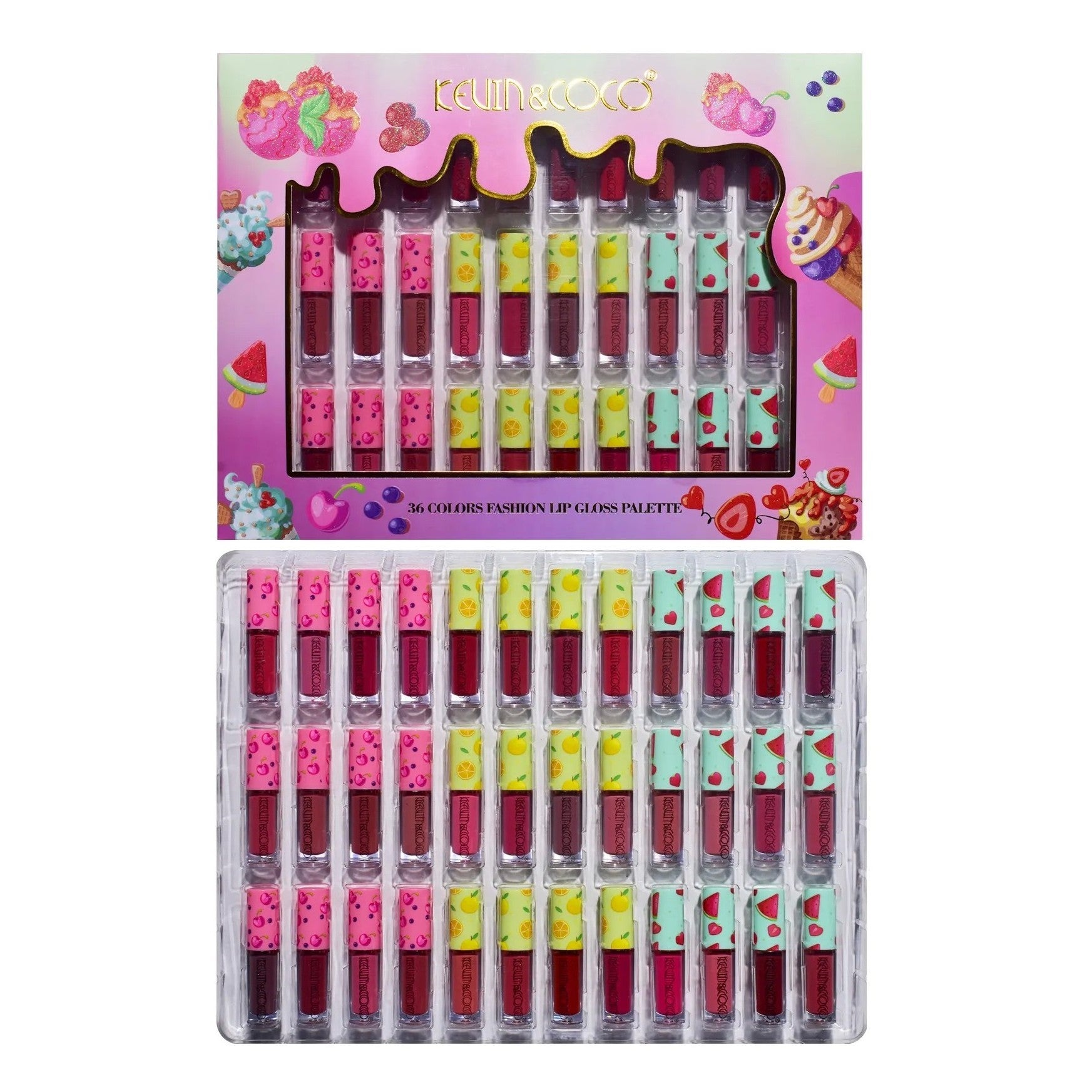 Set de Buze, KEVIN & COCO, 36 Lip Gloss-uri, Model Capac cu Fructe, 32.3 x 24.3 x 2.4 cm, Multicolor-9