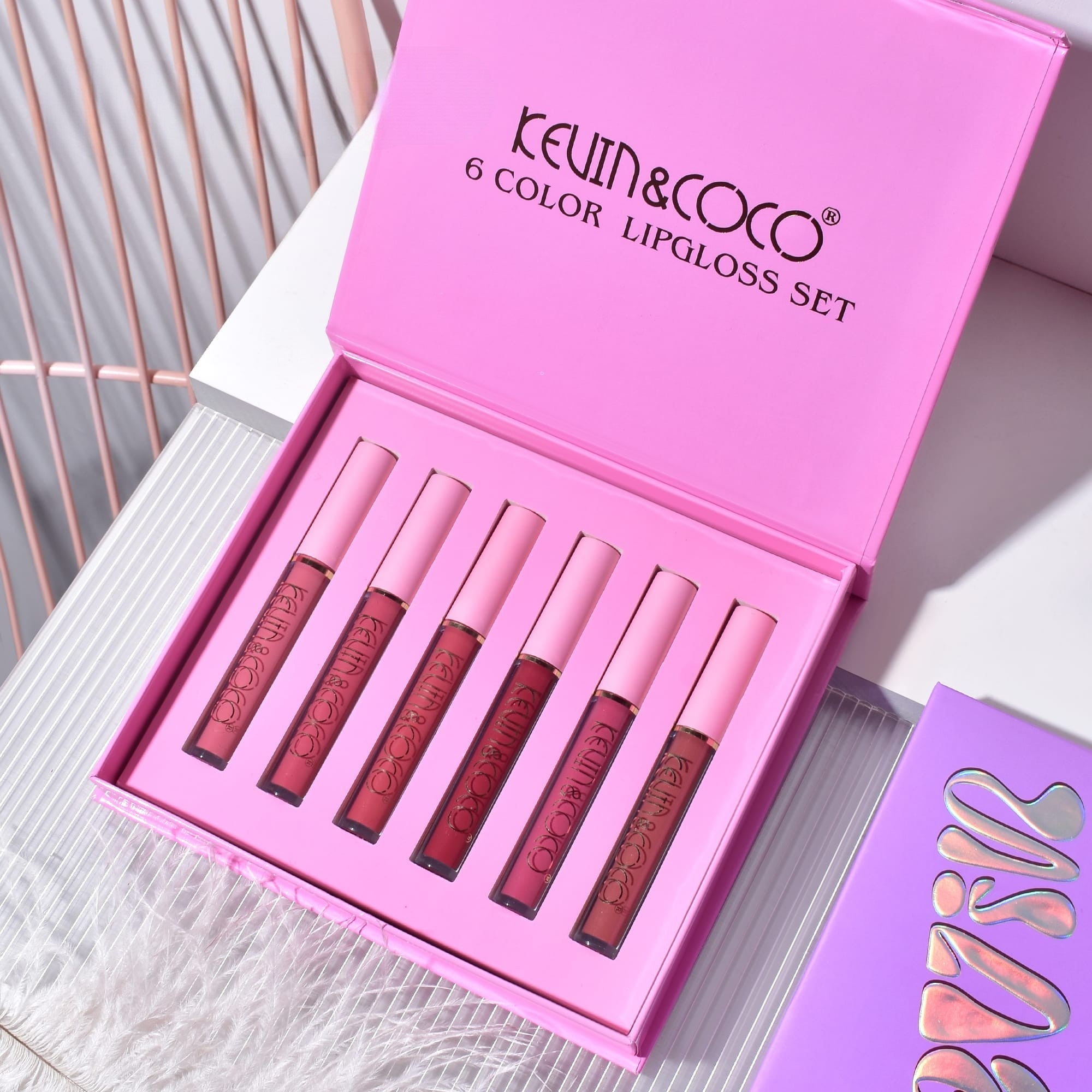 Set de Buze, KEVIN &amp; COCO, Pink Girl, 6 Lip Gloss-uri, 17 x 14.8 x 2.9 cm, Roz/Maro-1