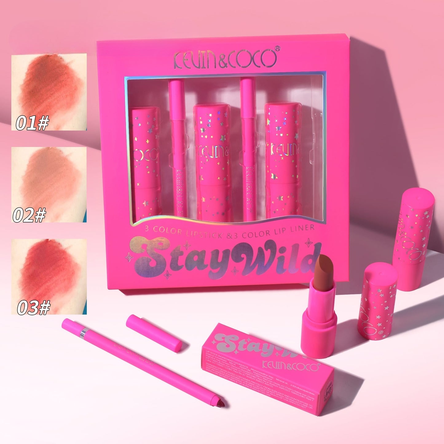 Set de Buze, KEVIN & COCO, Stay Wild, 3 Lip Stick-uri si 3 Creioane de Buze, 16.1 x 16 x 2.6 cm, Nuante Calde-1