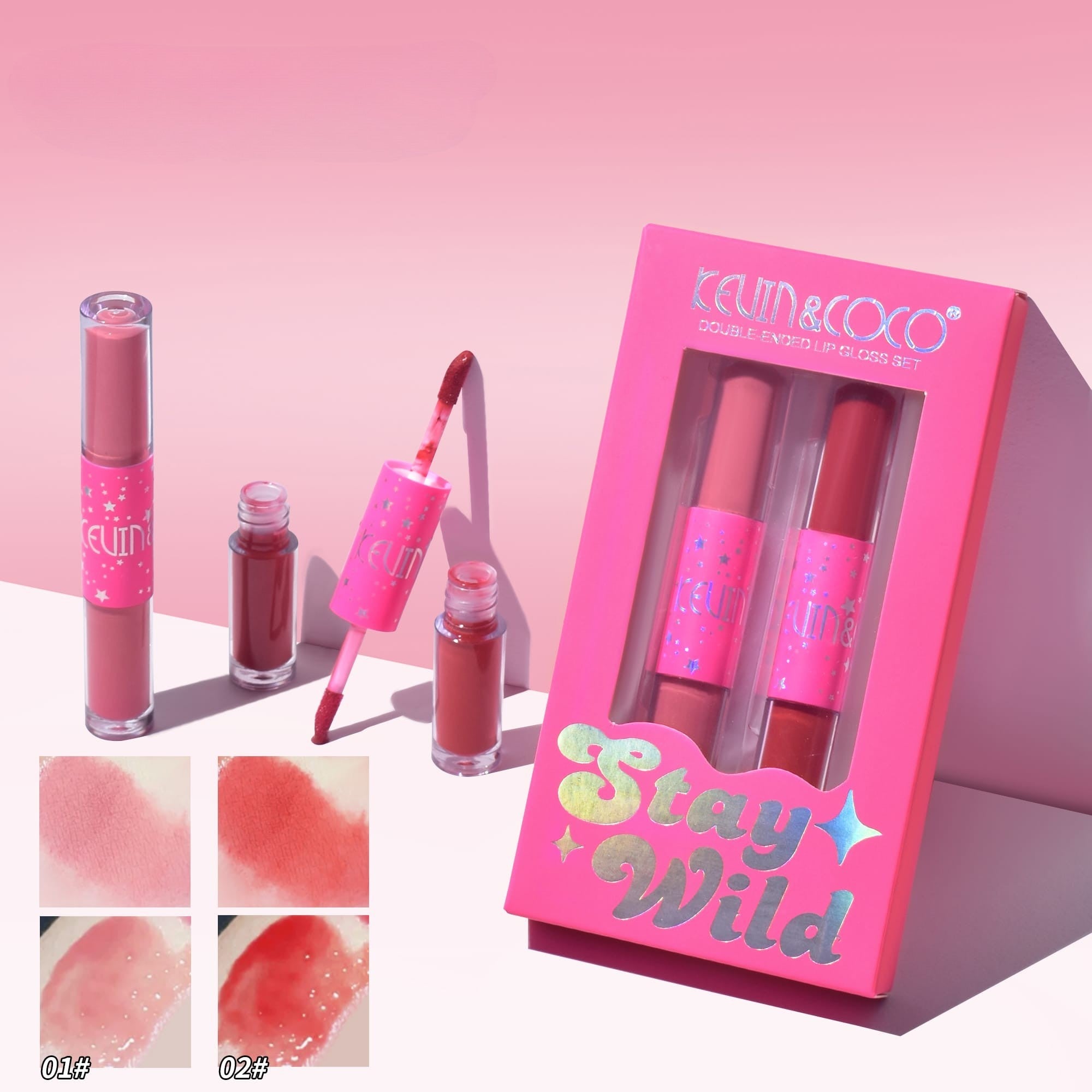Set de Buze, KEVIN & COCO, Stay Wild 4 Culori, 2 Gloss-uri si 2 Rujuri Mate, 15.1 x 8.1 x 2cm, Roz/Rosu-3