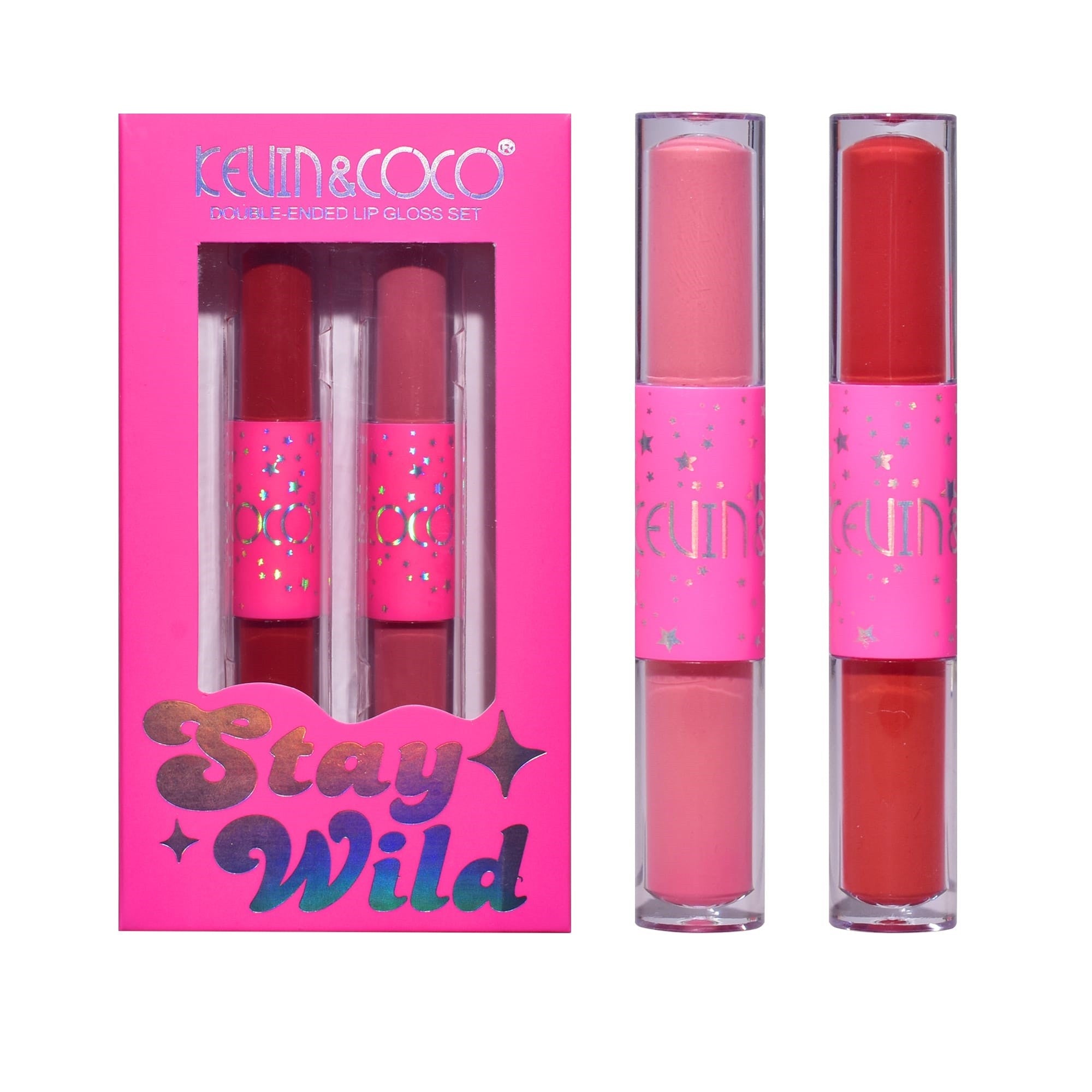 Set de Buze, KEVIN & COCO, Stay Wild 4 Culori, 2 Gloss-uri si 2 Rujuri Mate, 15.1 x 8.1 x 2cm, Roz/Rosu-0