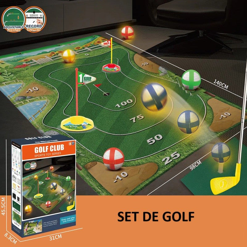 Set de Golf, Flippy, Interactiune Parinte-Copil, Covor de Golf, 140 x 98 cm, 4 Mingii cu Scai, 3 Crose Reglabile, Model A, +3 Ani, Multicolor-1