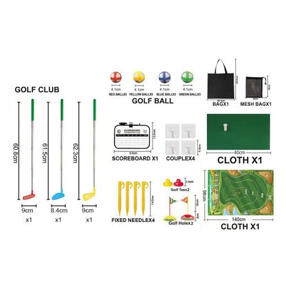 Set de Golf, Flippy, Interactiune Parinte-Copil, Covor de Golf, 140 x 98 cm, 4 Mingii cu Scai, 3 Crose Reglabile, Model A, +3 Ani, Multicolor-2
