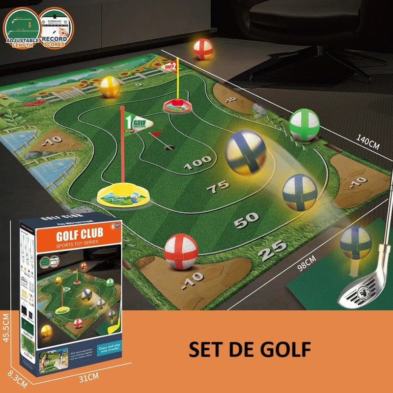 Set de Golf, Flippy, Interactiune Parinte-Copil, Covor de Golf, 140 x 98 cm, 4 Mingii cu Scai, 3 Crose Reglabile, Model B, +3 Ani, Multicolor-1