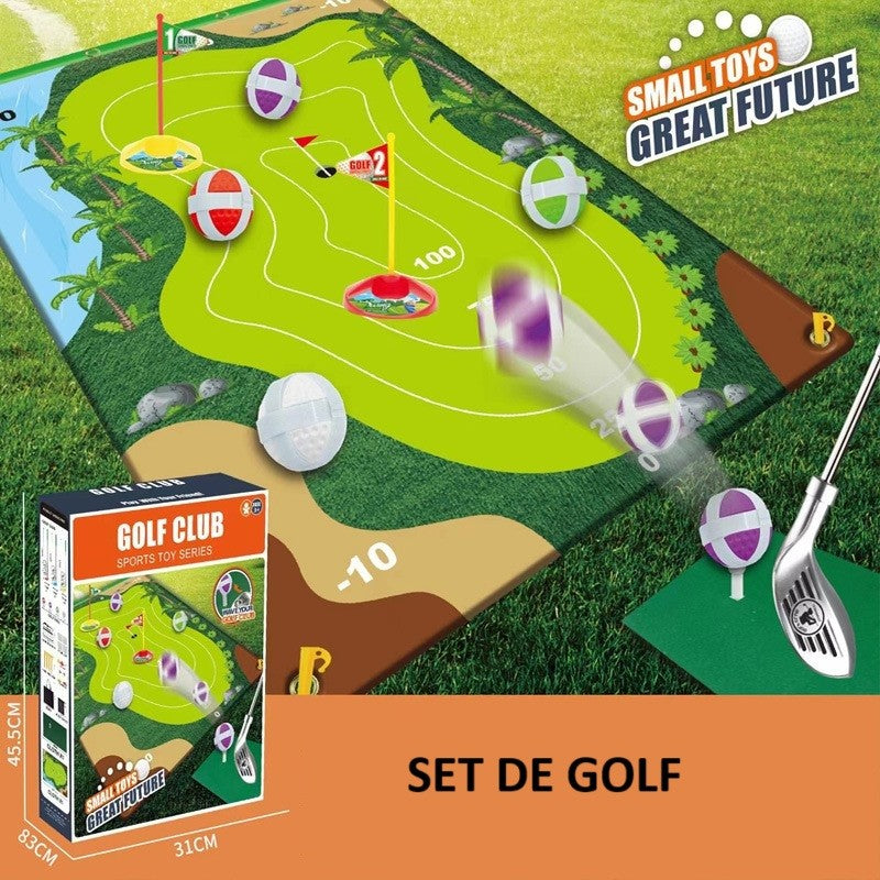 Set de Golf, Flippy, Interactiune Parinte-Copil, Covor de Golf, 140 x 98 cm, 4 Mingii cu Scai, 3 Crose Reglabile, Model C, +3 Ani, Multicolor-1