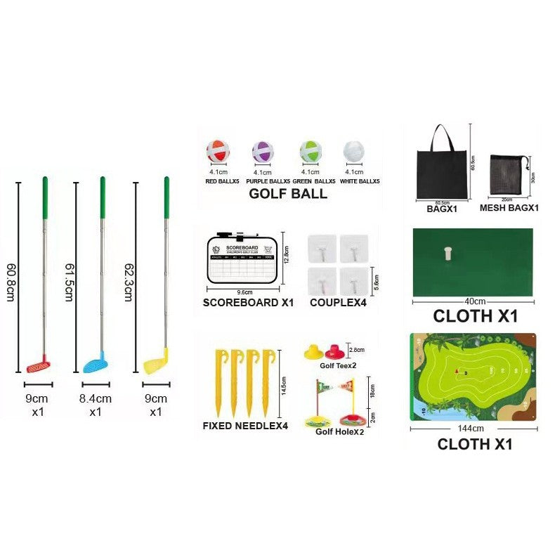 Set de Golf, Flippy, Interactiune Parinte-Copil, Covor de Golf, 140 x 98 cm, 4 Mingii cu Scai, 3 Crose Reglabile, Model C, +3 Ani, Multicolor-2