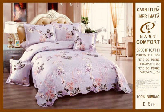 Garnitură de pat cu cuvertură – EAST COMFORT, 5 piese, 100% bumbac, model imprimat floral