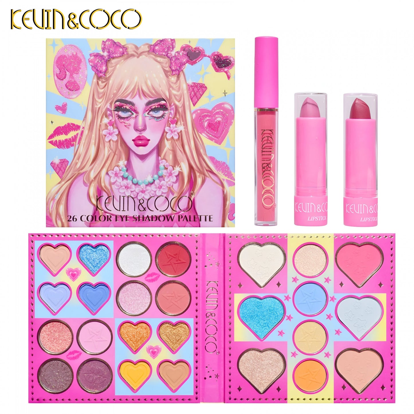 Set de Machiaj, Kevin & Coco, 26 de Culori, Pigmentate, Fard de ochi, Ruj, Gloss, Fard Obraz, 19x18x2 cm, Diferite Nuante-2