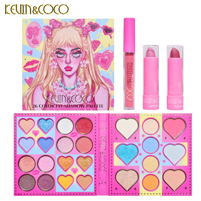 Set de Machiaj, Kevin & Coco, 26 de Culori, Pigmentate, Fard de ochi, Ruj, Gloss, Fard Obraz, 19x18x2 cm, Diferite Nuante-2