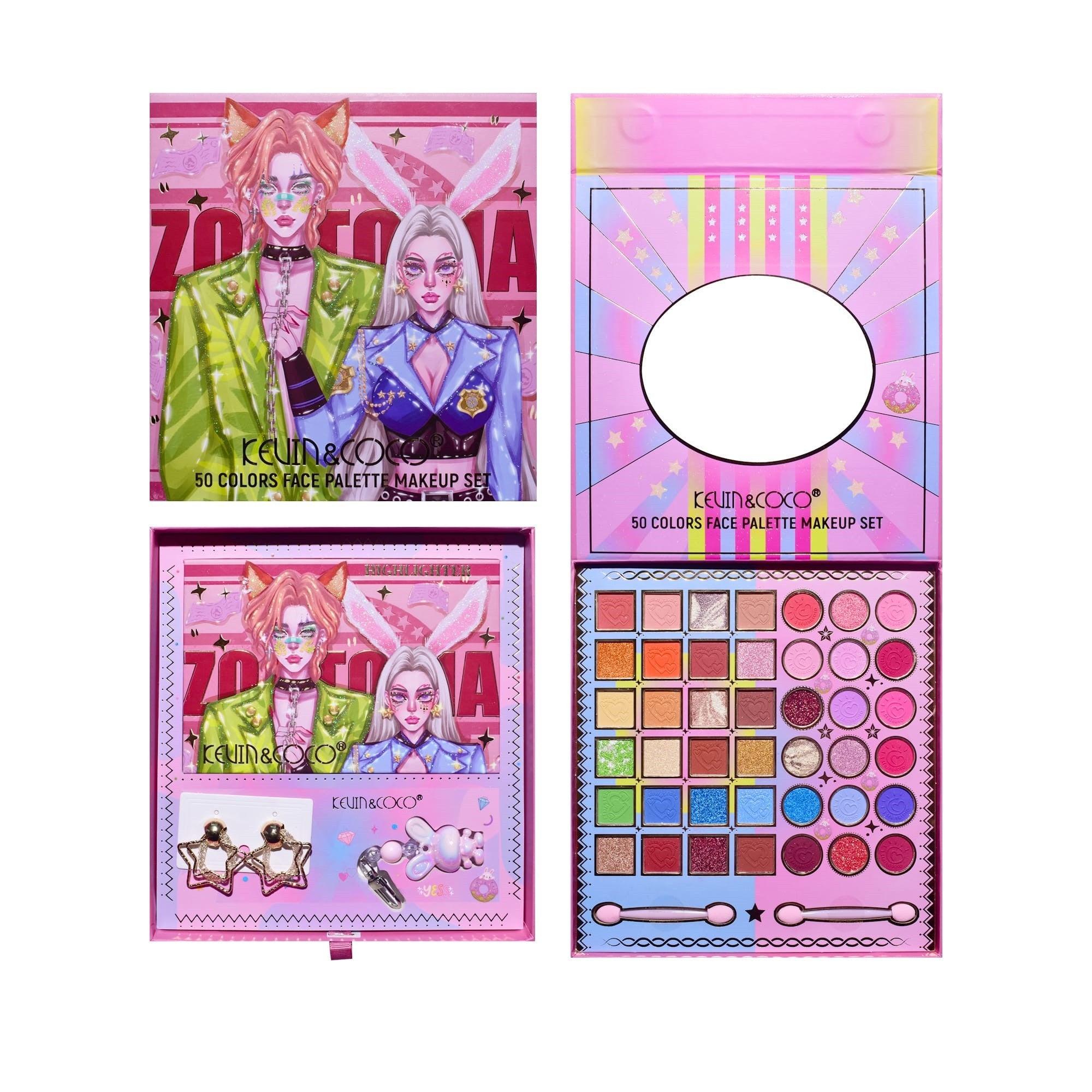 Paleta de Machiaj, KEVIN & COCO, Best Partner, Fard de Pleoape, Breloc si Cercei, 50 culori, 22 x 21 x 5cm-8