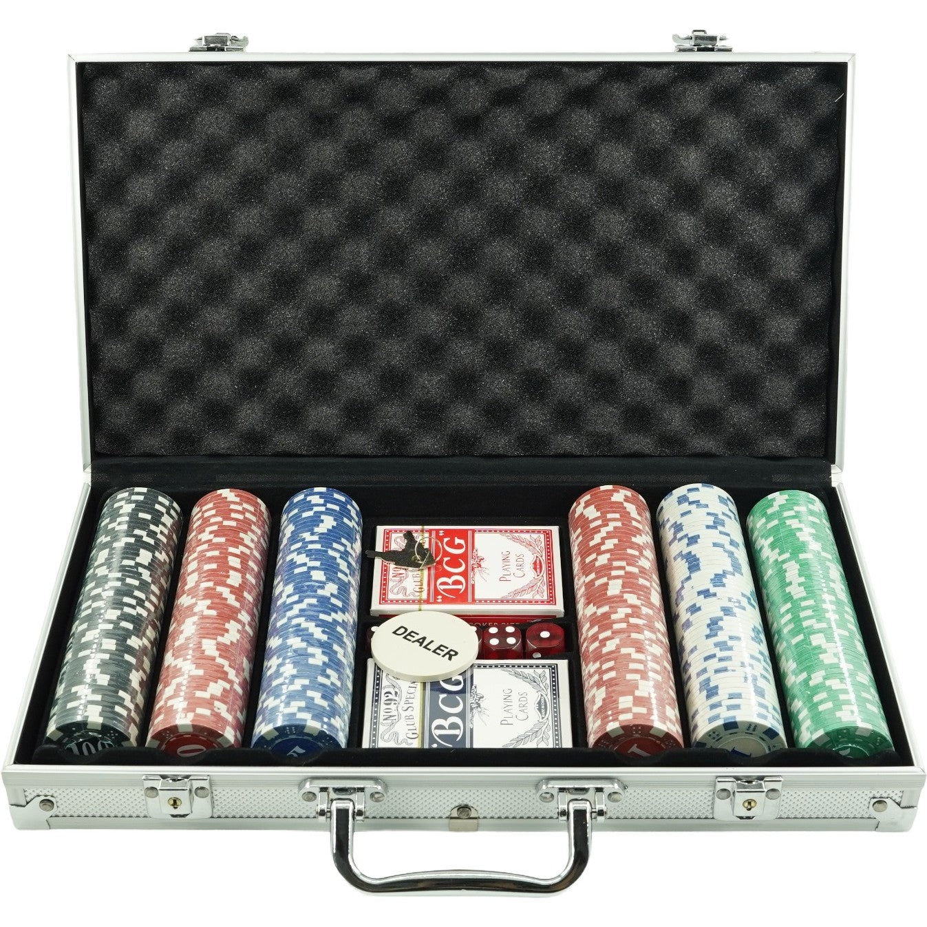 Set de Poker Complex cu 300 de jetoane Flippy, Include 2 seturi de carti, 5 zaruri, Echipat cu servieta de aluminiu cu dimensiunile 39x7x27 cm-0