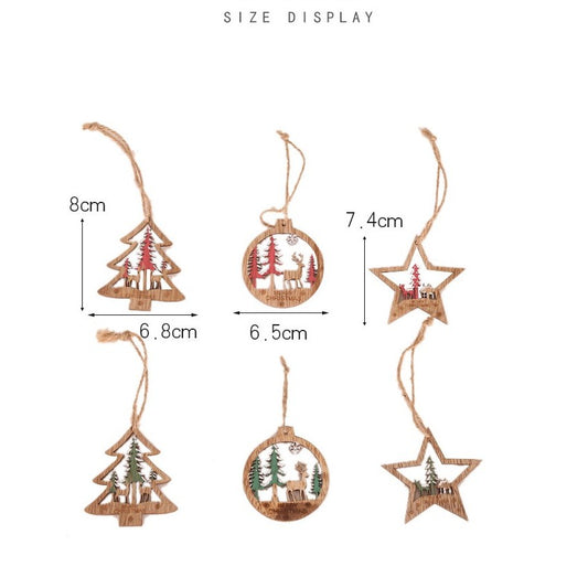 Set 6 Decoratiuni de Craciun din Lemn, Flippy, cu Snur pentru Agatare in Brad, Model Brad, Glob si Steluta, Verde-1