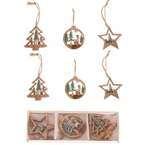 Set 6 Decoratiuni de Craciun din Lemn, Flippy, cu Snur pentru Agatare in Brad, Model Brad, Glob si Steluta, Verde-0