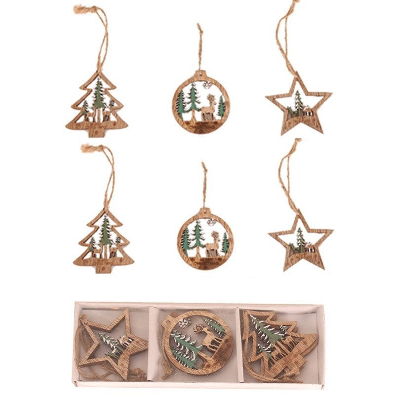 Set 6 Decoratiuni de Craciun din Lemn, Flippy, cu Snur pentru Agatare in Brad, Model Brad, Glob si Steluta, Verde-0