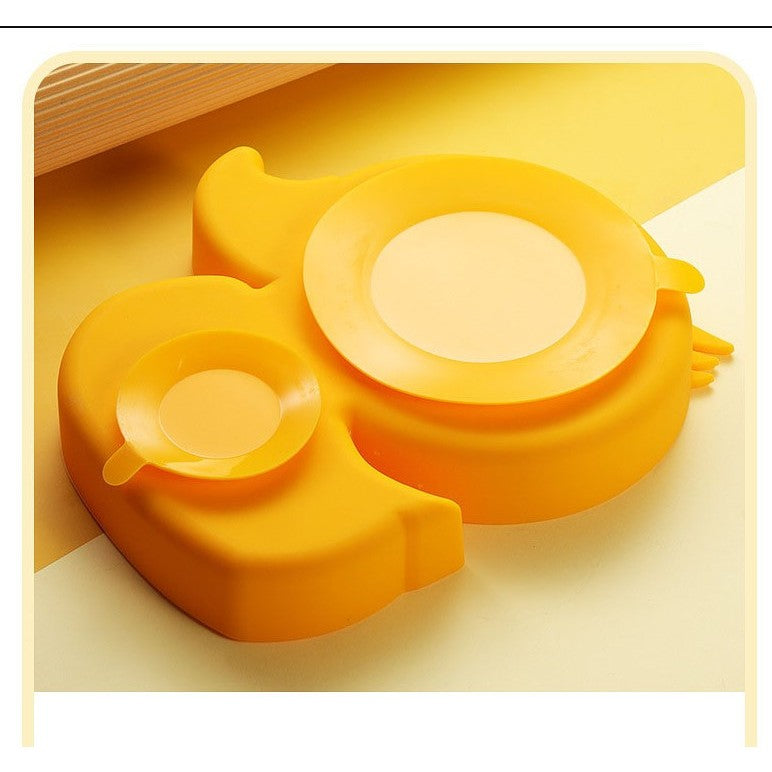 Set diversificare bebelusi Flippy, din silicon, 20 x 17.5 cm, 1 farfurie compartimentata in forma de rata, lingurita si furculita, pai, perie pai, fara alergeni, ventuza fixare,  forma creativa,  galben-1