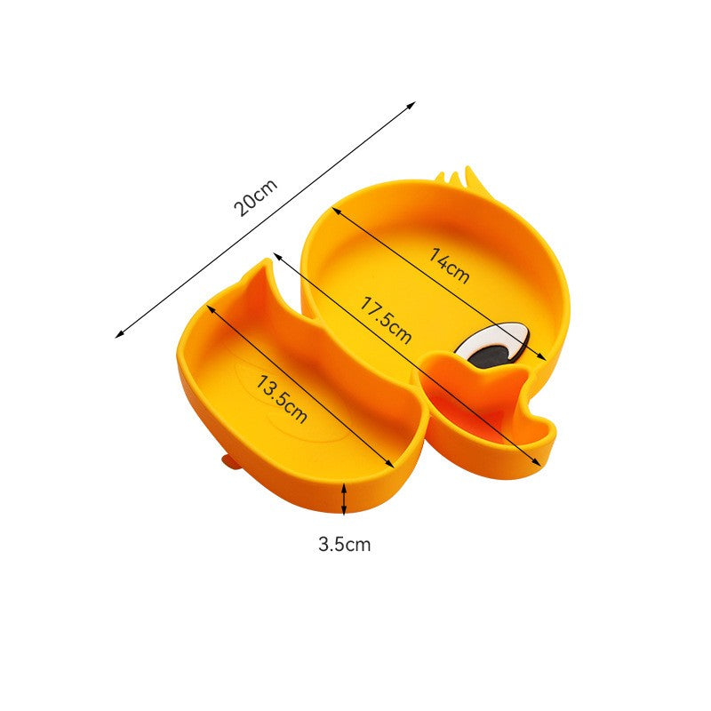 Set diversificare bebelusi Flippy, din silicon, 20 x 17.5 cm, 1 farfurie compartimentata in forma de rata, lingurita si furculita, pai, perie pai, fara alergeni, ventuza fixare,  forma creativa,  galben-6