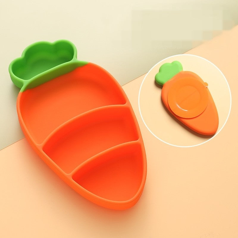 Set diversificare bebelusi Flippy, din silicon, 23.5 x 12.5 cm, 1 farfurie compartimentata in forma de morcov, lingurita si furculita, pai, perie pai, fara alergeni, ventuza fixare,  forma creativa,  portocaliu-1