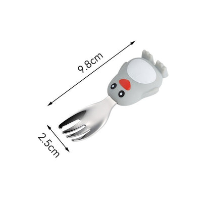 Set diversificare bebelusi Flippy, din silicon, 23.5 x 12.5 cm, 1 farfurie compartimentata in forma de pinguin, lingurita si furculita, pai, perie pai, fara alergeni, ventuza fixare,  forma creativa,  gri-1