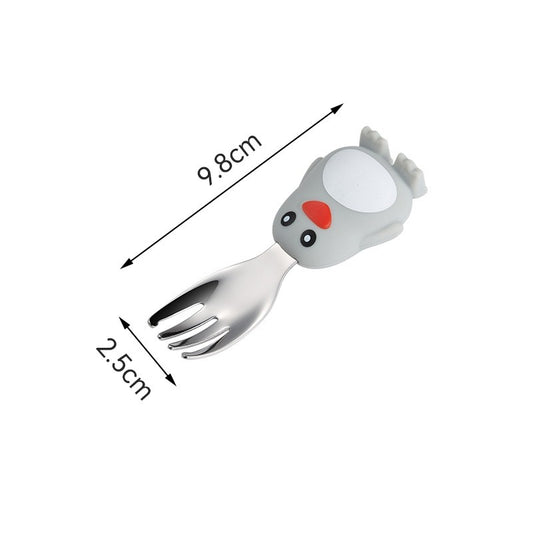 Set diversificare bebelusi Flippy, din silicon, 23.5 x 12.5 cm, 1 farfurie compartimentata in forma de pinguin, lingurita si furculita, pai, perie pai, fara alergeni, ventuza fixare,  forma creativa,  gri-1