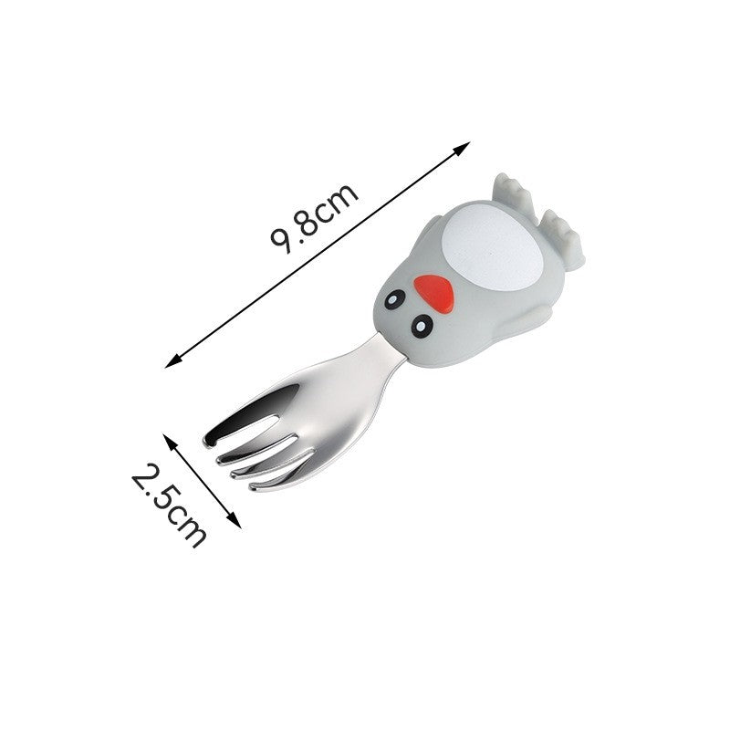 Set diversificare bebelusi Flippy, din silicon, 23.5 x 12.5 cm, 1 farfurie compartimentata in forma de pinguin, lingurita si furculita, pai, perie pai, fara alergeni, ventuza fixare,  forma creativa,  gri-1