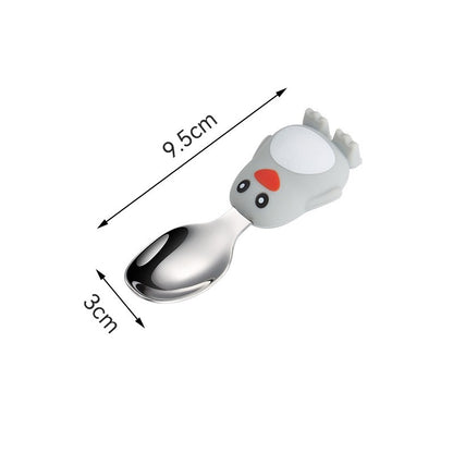 Set diversificare bebelusi Flippy, din silicon, 23.5 x 12.5 cm, 1 farfurie compartimentata in forma de pinguin, lingurita si furculita, pai, perie pai, fara alergeni, ventuza fixare,  forma creativa,  gri-2