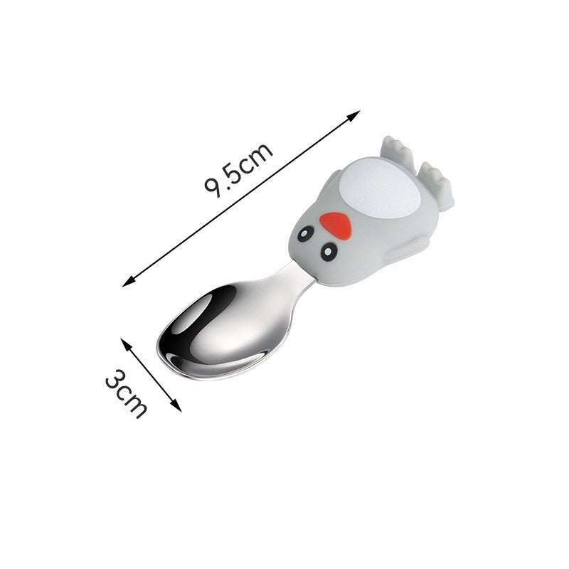 Set diversificare bebelusi Flippy, din silicon, 23.5 x 12.5 cm, 1 farfurie compartimentata in forma de pinguin, lingurita si furculita, pai, perie pai, fara alergeni, ventuza fixare,  forma creativa,  gri-2