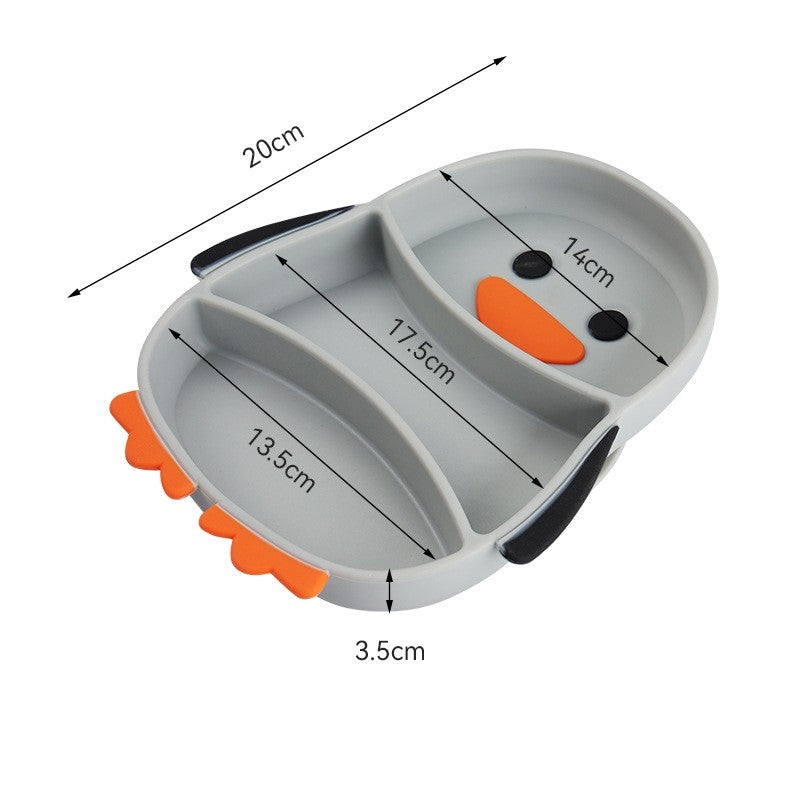 Set diversificare bebelusi Flippy, din silicon, 23.5 x 12.5 cm, 1 farfurie compartimentata in forma de pinguin, lingurita si furculita, pai, perie pai, fara alergeni, ventuza fixare,  forma creativa,  gri-3