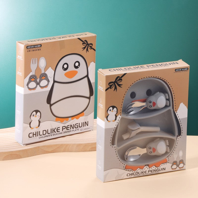 Set diversificare bebelusi Flippy, din silicon, 23.5 x 12.5 cm, 1 farfurie compartimentata in forma de pinguin, lingurita si furculita, pai, perie pai, fara alergeni, ventuza fixare,  forma creativa,  gri-5