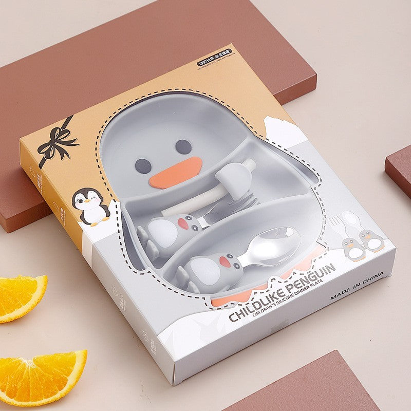 Set diversificare bebelusi Flippy, din silicon, 23.5 x 12.5 cm, 1 farfurie compartimentata in forma de pinguin, lingurita si furculita, pai, perie pai, fara alergeni, ventuza fixare,  forma creativa,  gri-7