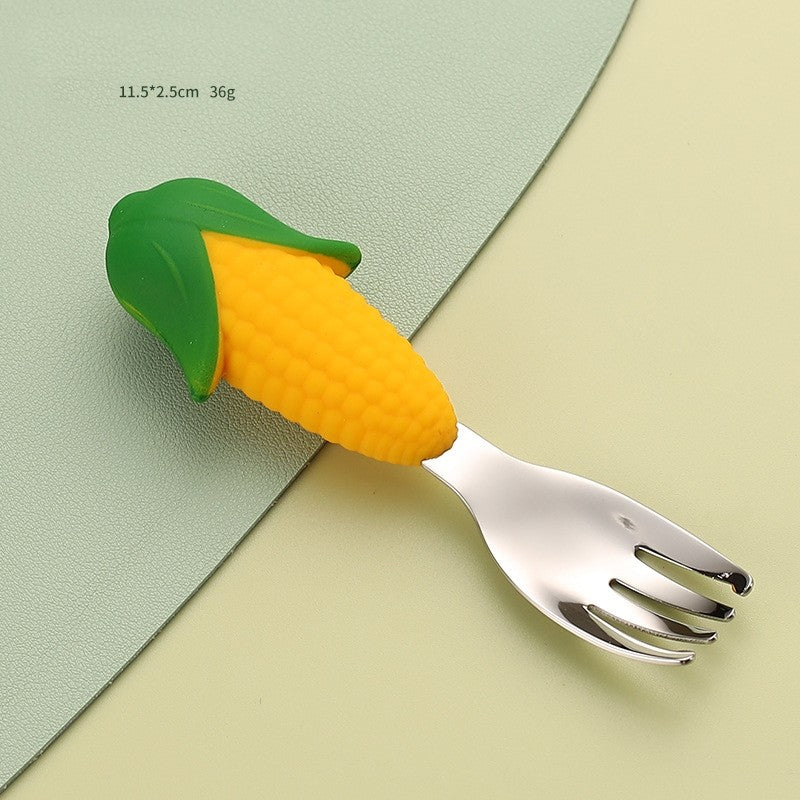 Set diversificare bebelusi Flippy, din silicon, 23.5 x 12.5 cm, 1 farfurie compartimentata in forma de porumb, lingurita si furculita, pai, perie pai, fara alergeni, ventuza fixare,  forma creativa,  galben-1