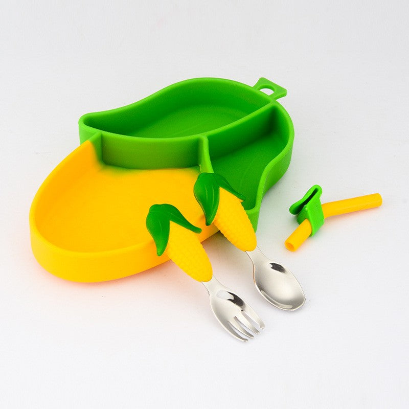 Set diversificare bebelusi Flippy, din silicon, 23.5 x 12.5 cm, 1 farfurie compartimentata in forma de porumb, lingurita si furculita, pai, perie pai, fara alergeni, ventuza fixare,  forma creativa,  galben-5