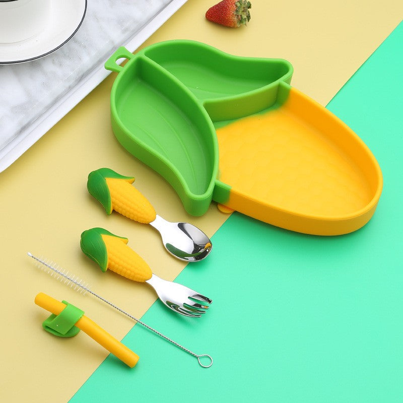 Set diversificare bebelusi Flippy, din silicon, 23.5 x 12.5 cm, 1 farfurie compartimentata in forma de porumb, lingurita si furculita, pai, perie pai, fara alergeni, ventuza fixare,  forma creativa,  galben-6
