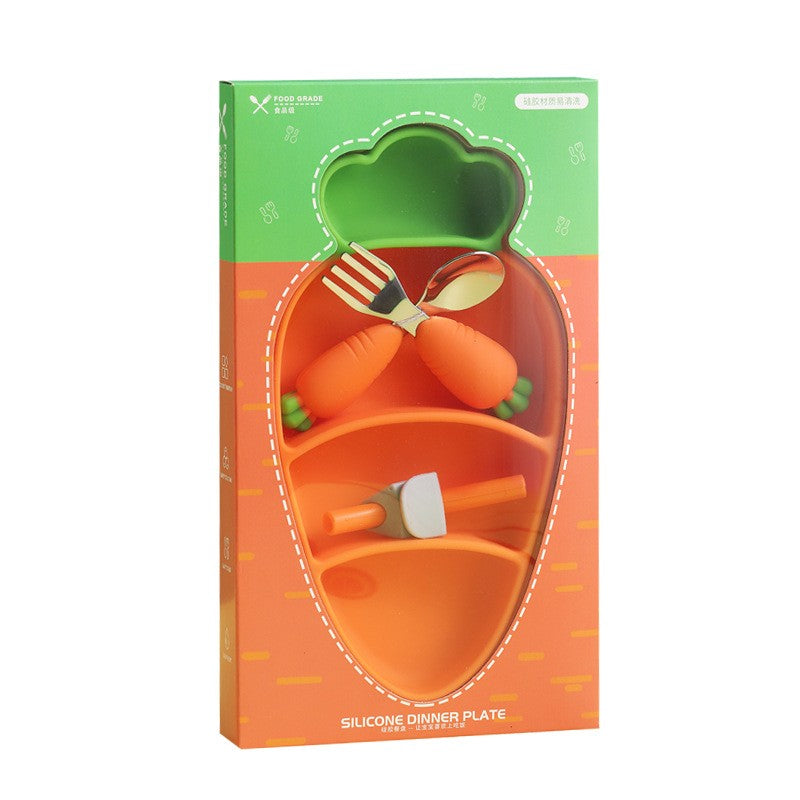 Set diversificare bebelusi Flippy, din silicon, 23.5 x 12.5 cm, 1 farfurie compartimentata in forma de morcov, lingurita si furculita, pai, perie pai, fara alergeni, ventuza fixare,  forma creativa,  portocaliu-0
