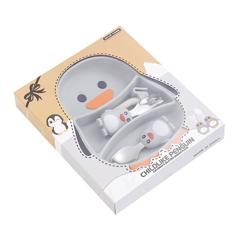 Set diversificare bebelusi Flippy, din silicon, 23.5 x 12.5 cm, 1 farfurie compartimentata in forma de pinguin, lingurita si furculita, pai, perie pai, fara alergeni, ventuza fixare,  forma creativa,  gri-0