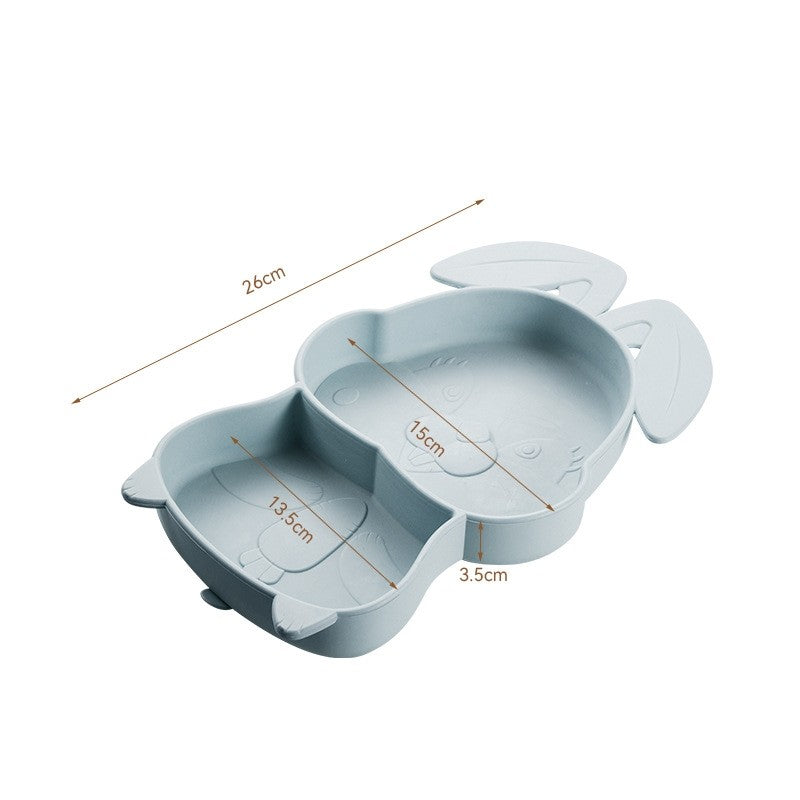 Set diversificare bebelusi Flippy, din silicon, 26 x 15 cm, 1 farfurie compartimentata in forma de iepure, lingurita si furculita, pai, perie pai, fara alergeni, ventuza fixare,  forma creativa,  bleumarin-4