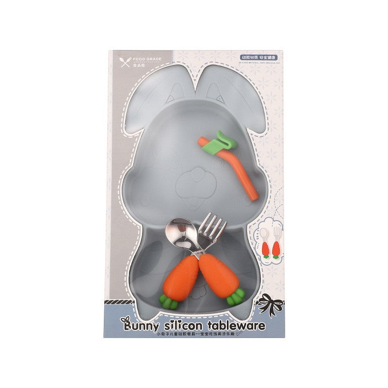 Set diversificare bebelusi Flippy, din silicon, 26 x 15 cm, 1 farfurie compartimentata in forma de iepure, lingurita si furculita, pai, perie pai, fara alergeni, ventuza fixare,  forma creativa,  bleumarin-0