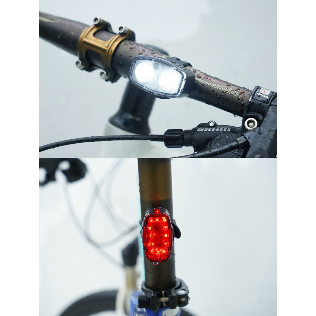 Set far si stop spate LED bicicleta, Flippy, incarcare USB, rezistent la apa, 4 moduri de luminare, Plastic, Alb/Rosu, 10x6x4 cm-1