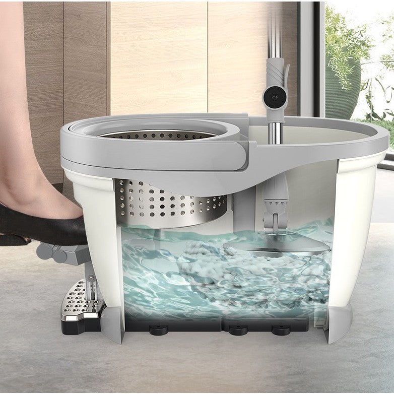 Set Galeata cu Pedala si Mop Rotativ 360°, Flippy, Cu Actiune Centrifuga x4, Pentru Uz Casnic, Maner din Otel Inoxidabil Telescopic, 2 Capte din Bumbac, 46x30x28 cm, Alb Ivoir-2
