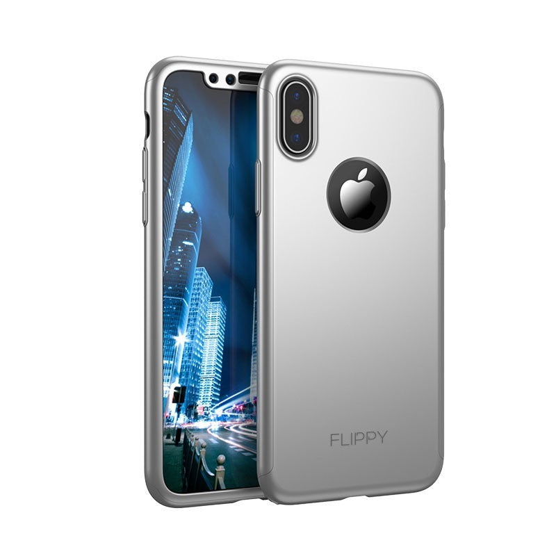 Set Husa si Folie de Protectie, Flippy, Compatibila cu Apple iPhone X, Full Cover 360°, Plastic + Sticla, Argintiu-0