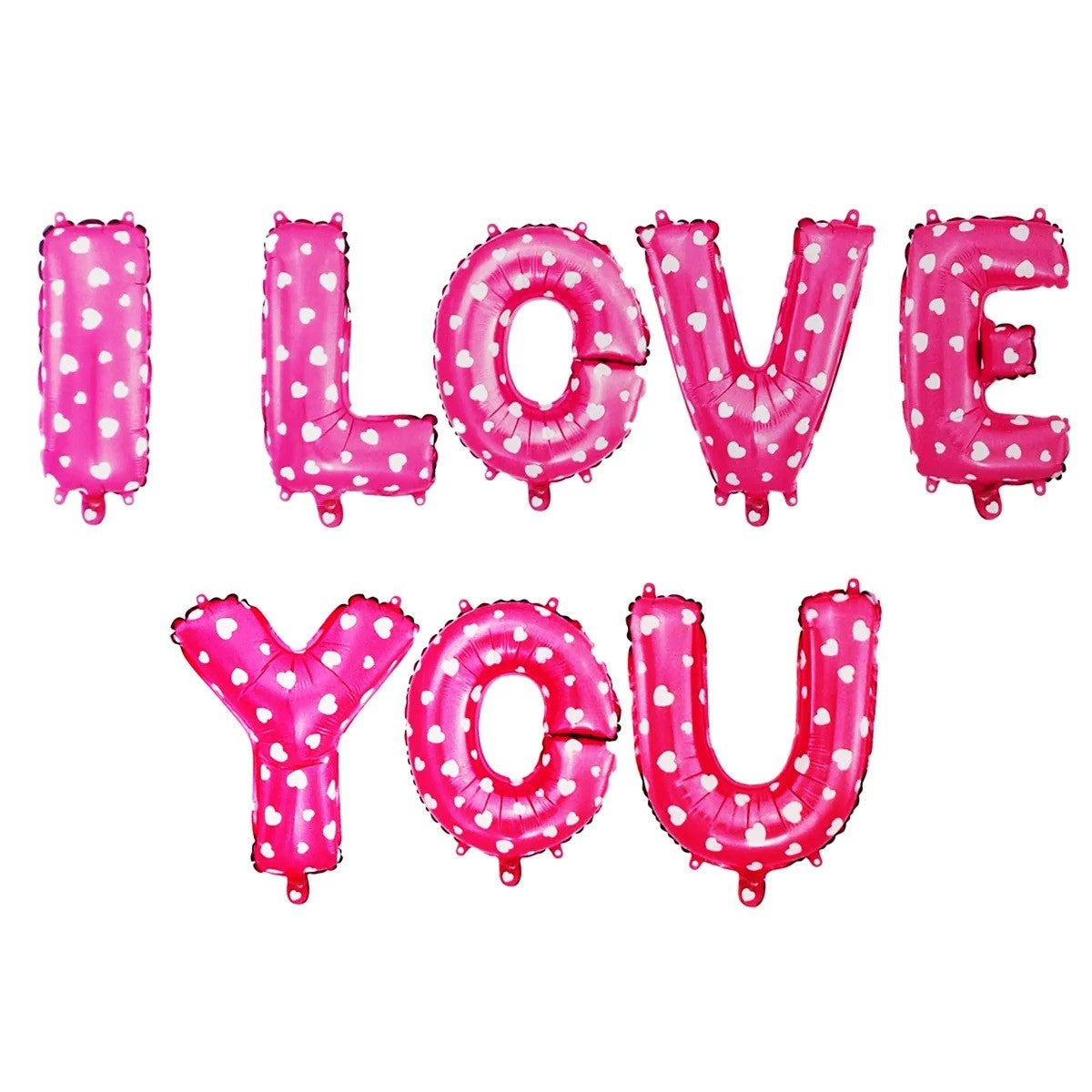 Set 8 Baloane din Folie Metalizata, Figurine Litere, Model I Love You, Tema Ziua Indragostitilor, 40 cm, Ambalaj Individual, Pai Inclus, Umflare cu Aer sau Heliu, Roz cu Inimioare Albe-0