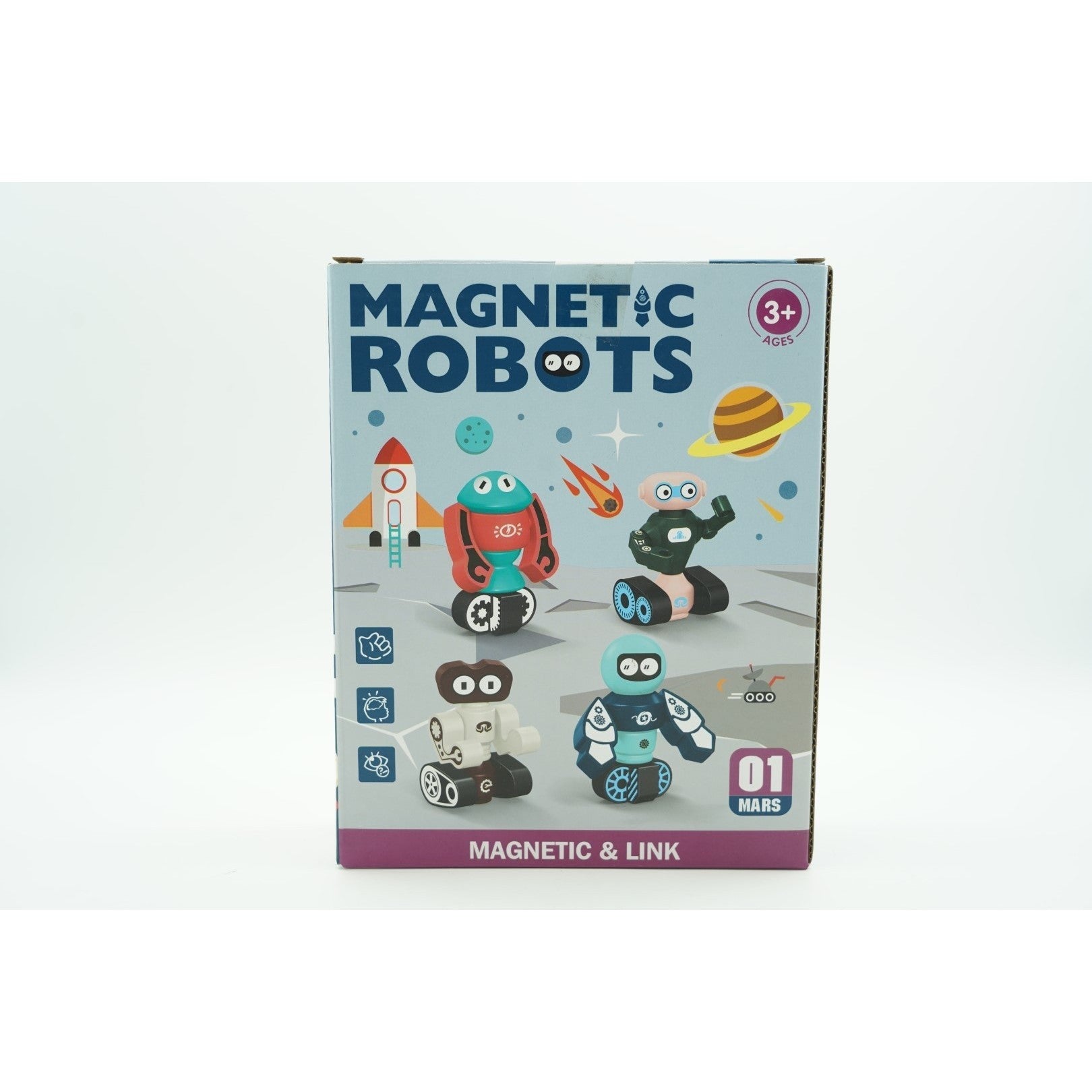 Set inteligent de blocuri magnetice pentru copii, 7 piese, cutie depozitare, robotel, albastru-3