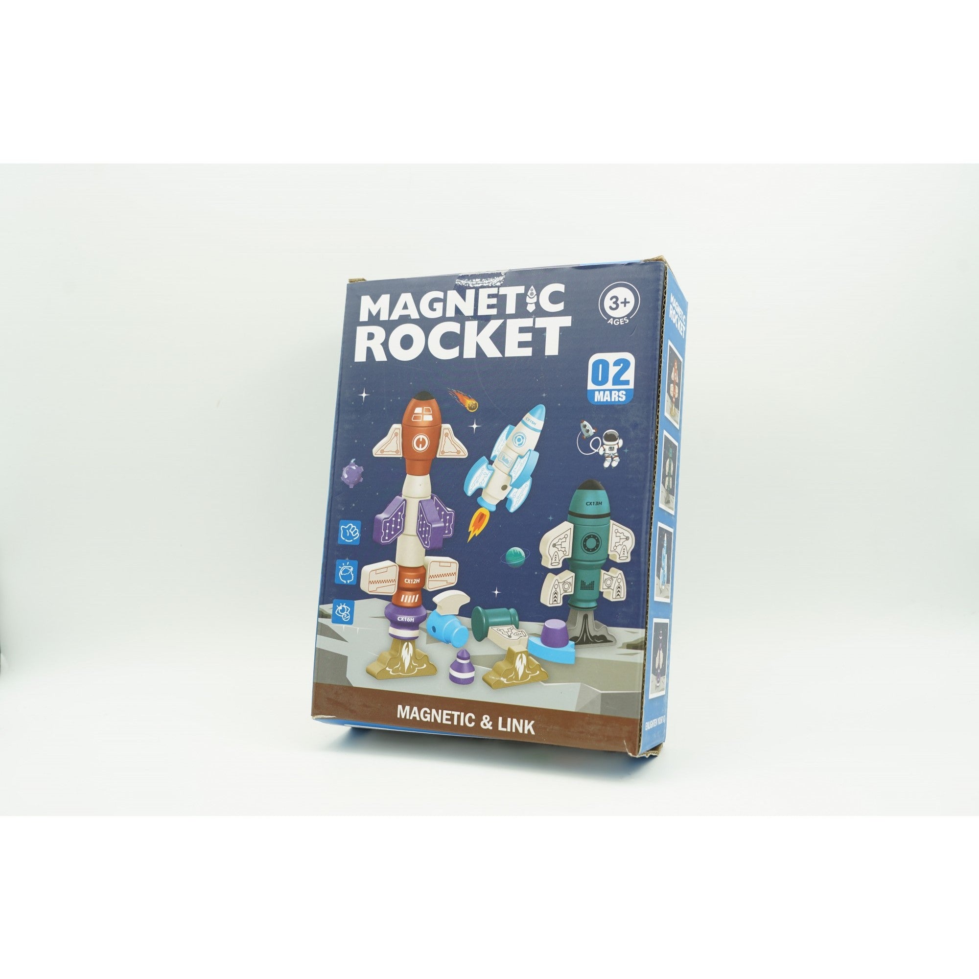 Set inteligent de blocuri magnetice pentru copii, 8 piese, cutie depozitare, racheta, albastru-1