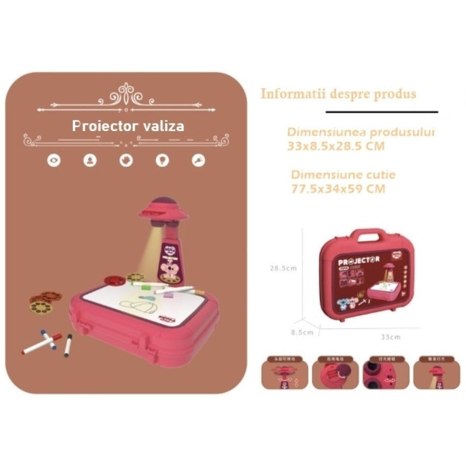 Set jucarie educativa proiector cu masa pentru desen, 48 de imagini, 6 discuri de proiectare, creioane colorate, cutie depozitare, +3 ani, Rosu, Resigilat-1