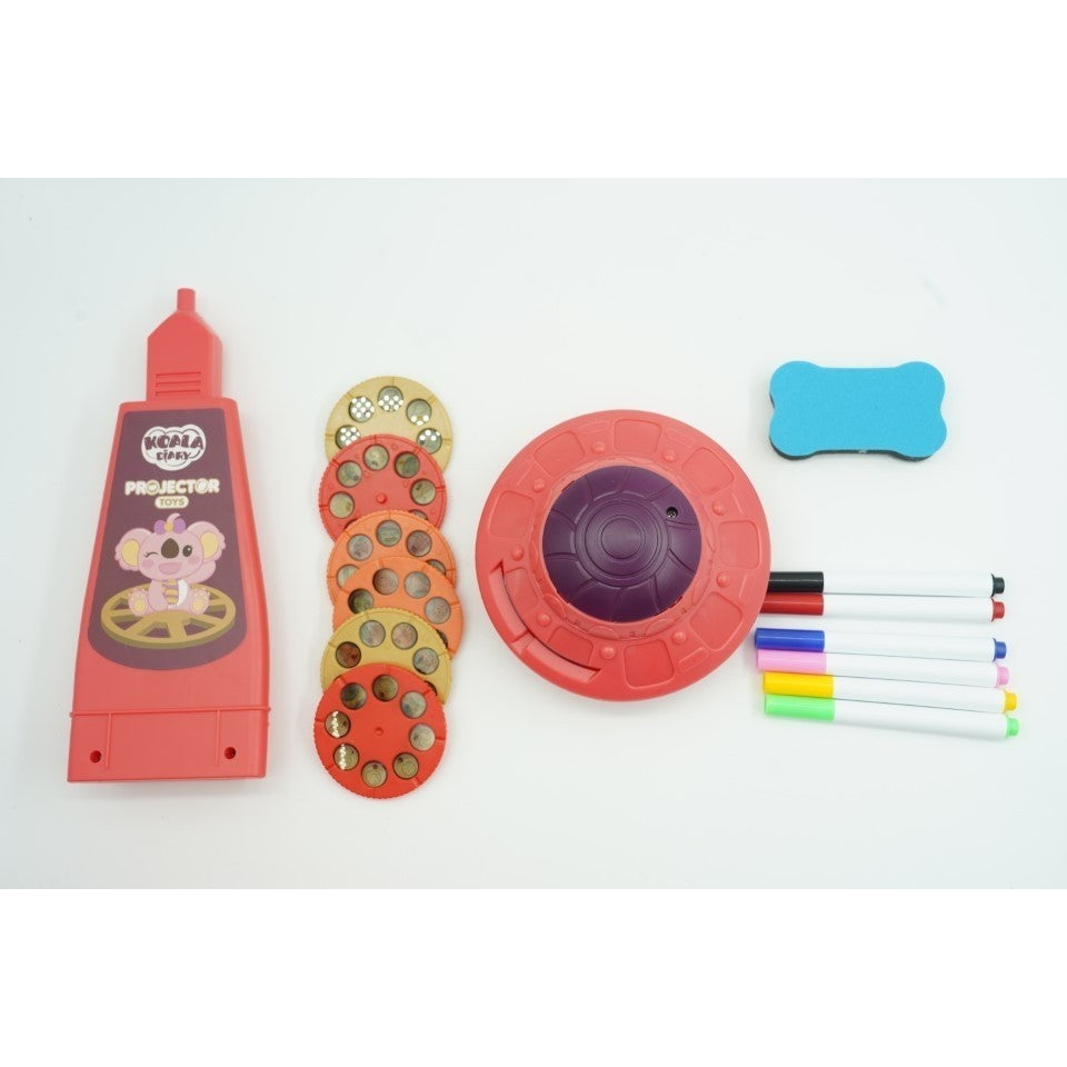 Set jucarie educativa proiector cu masa pentru desen, 48 de imagini, 6 discuri de proiectare, creioane colorate, cutie depozitare, +3 ani, Rosu, Resigilat-4