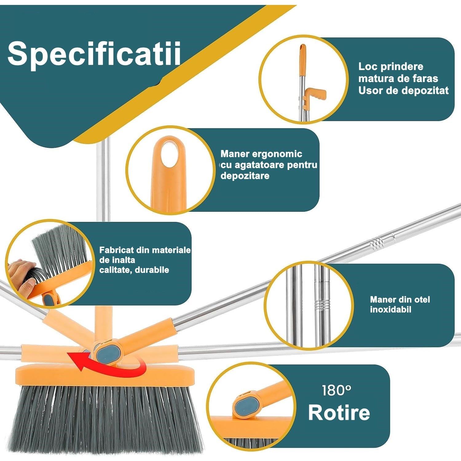 Set Matura si Faras cu Coada Detasabila, Flippy, cu Dinti de Pieptene pentru Curatare Matura, rotativ, pliabil, Otel inoxidabil si Polipropilena, portocaliu-3