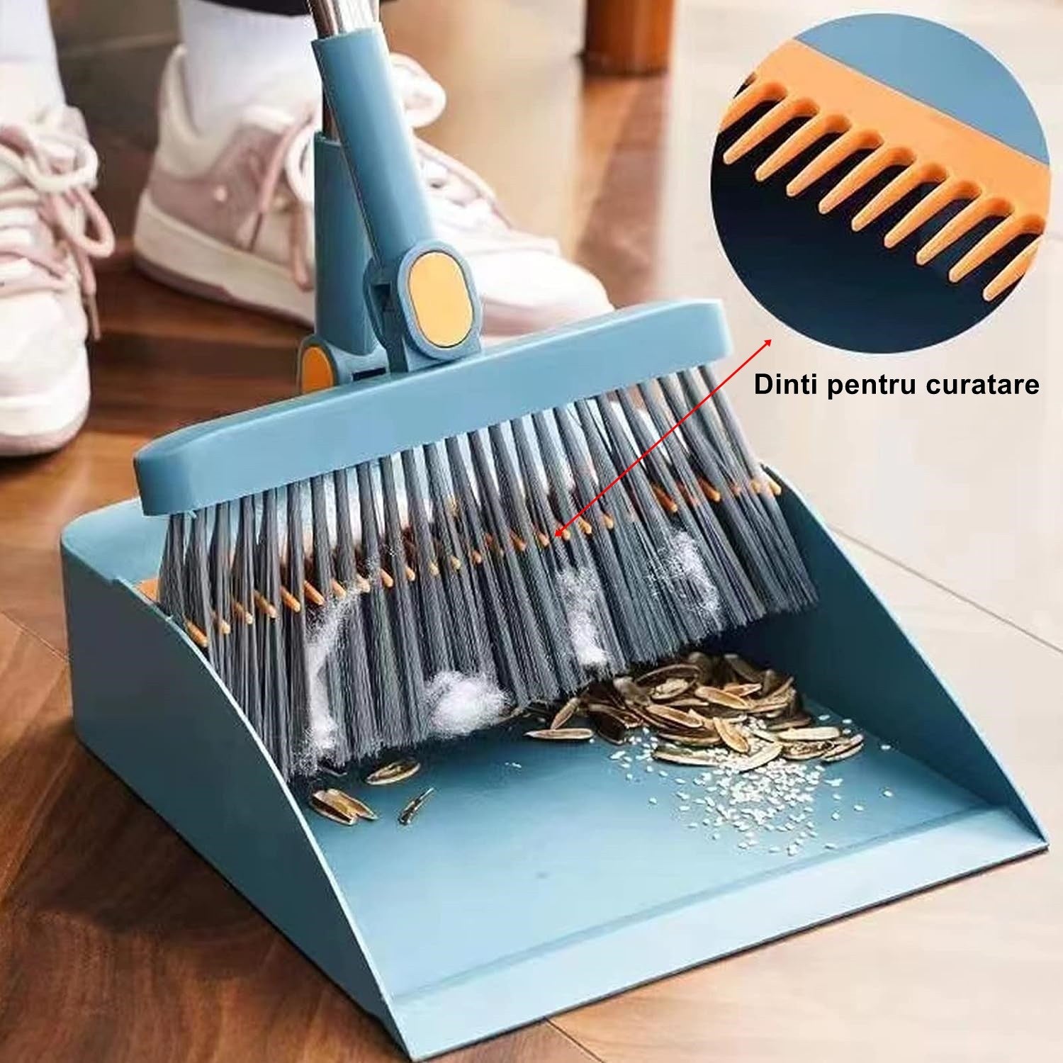 Set Matura si Faras cu Coada Flippy, cu Dinti de Pieptene pentru Curatare Matura, rotativ, pliabil, detasabil, Otel inoxidabil si Polipropilena, albastru-3