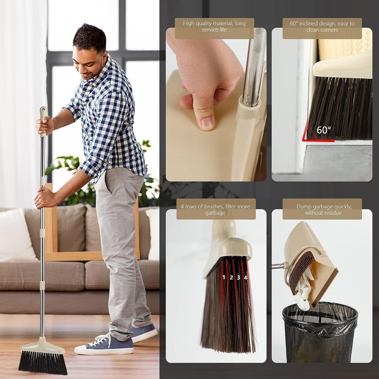 Set matura si faras cu coada, Flippy, Pentru uz casnic, Plastic/Otel, Maro/Bej, Depozitare verticala, 26x25.5x83 cm-2