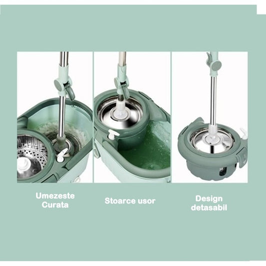 Set mop rotativ cu galeata Flippy, material plastic si microfibra, o rezerva inclusa, rezistent, cu dop scurgere, vas detasabil, orificiu pentru solutie, pentru interior, capacitate 8 l, verde-1